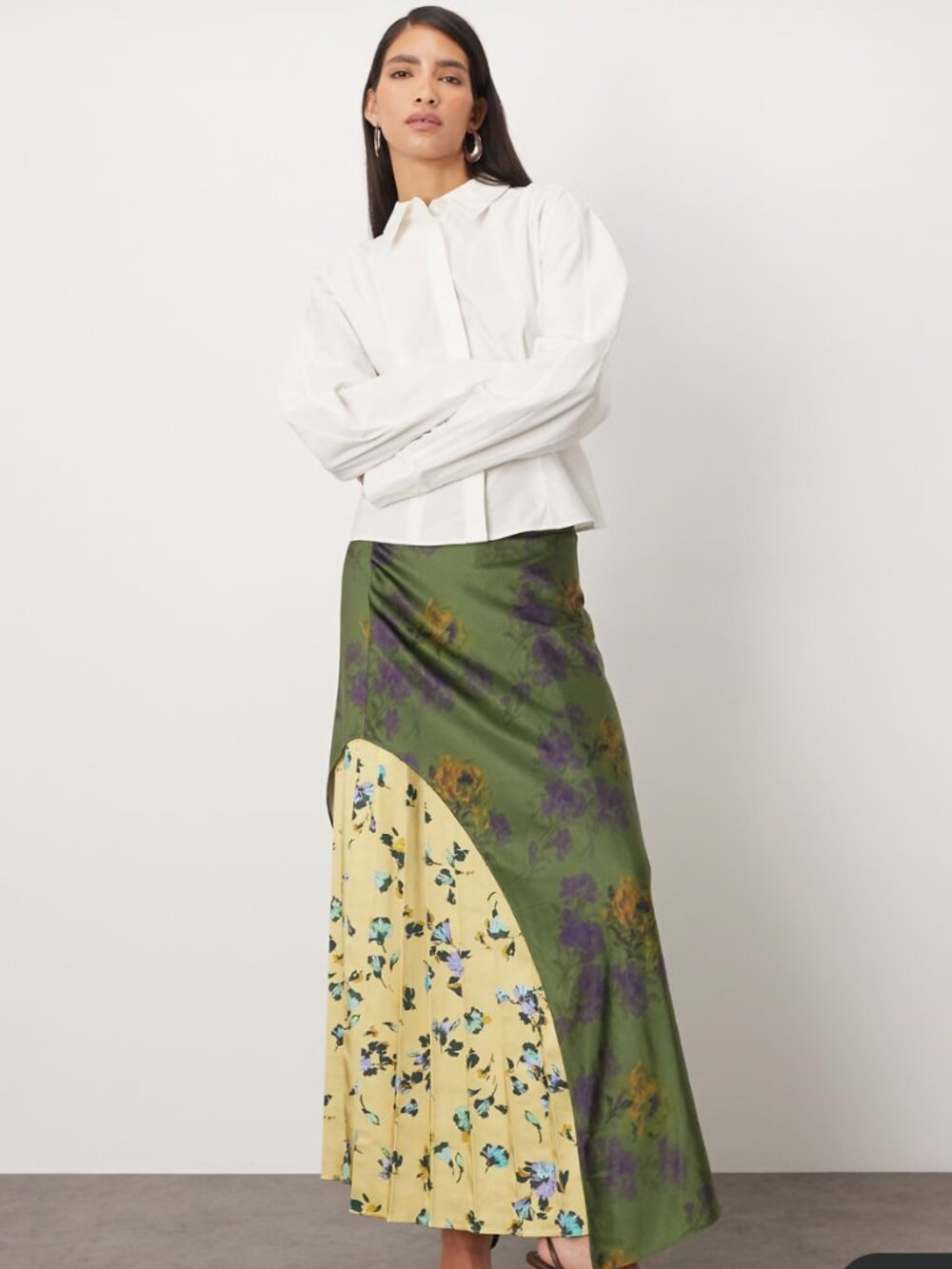 Satin Pleat Midi Skirt Floral Print